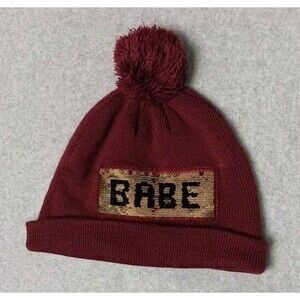 Pugs Gear Babe Crown Pom Pom Beanie One Size Hat Maroon Sequin Knit Winter Cap
